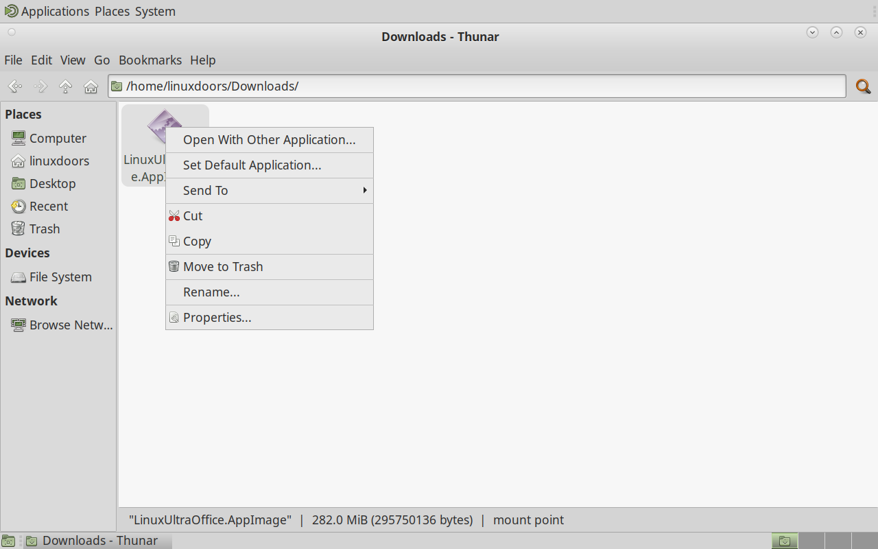 Right-clicking LinuxUltraOffice.AppImage in a file manager shows a context menu with Properties at the bottom