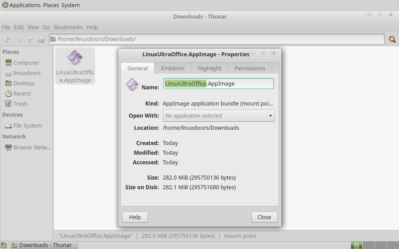 The Properties dialog for LinuxUltraOffice.AppImage, showing General, Emblems, Highlight and Permissions tabs