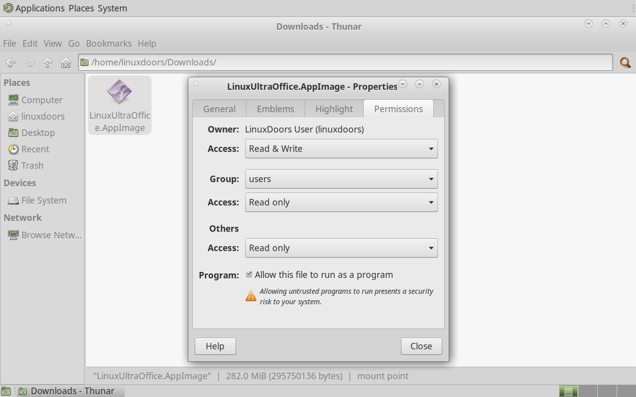 The same Permissions tab with the Allow this file to run as a program checkbox now checked